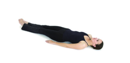  Lie flat on your back. Relax your legs and allow your toes to roll out toward either side of the body.<br />
Relax all facial muscles and the muscles of your jaw. Rest the back sides of your shoulders into the floor, opening your chest.<br />
